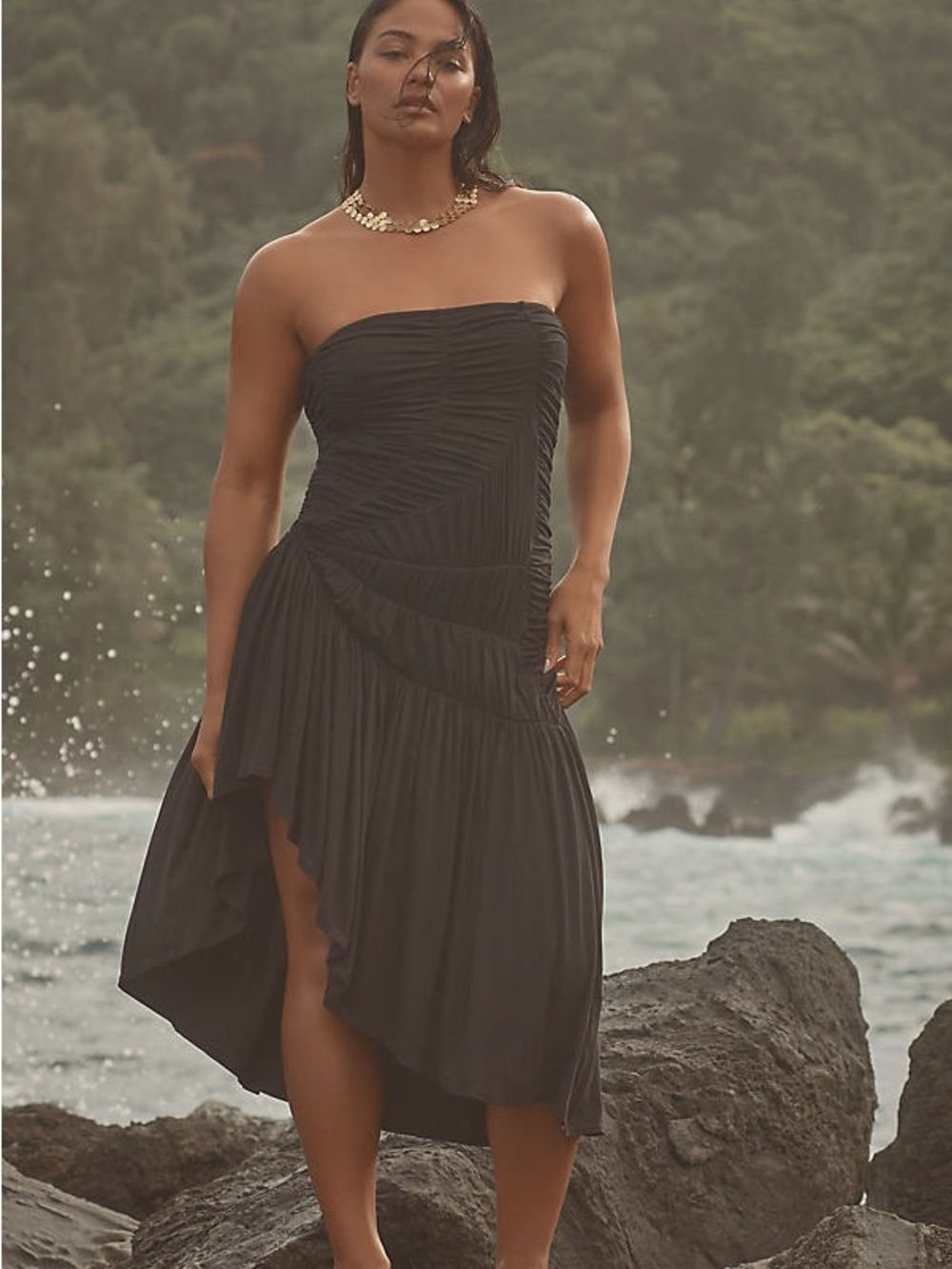 NWT Anthropologie Celandine Strapless Ruched Asymmetric Hem Dress Black